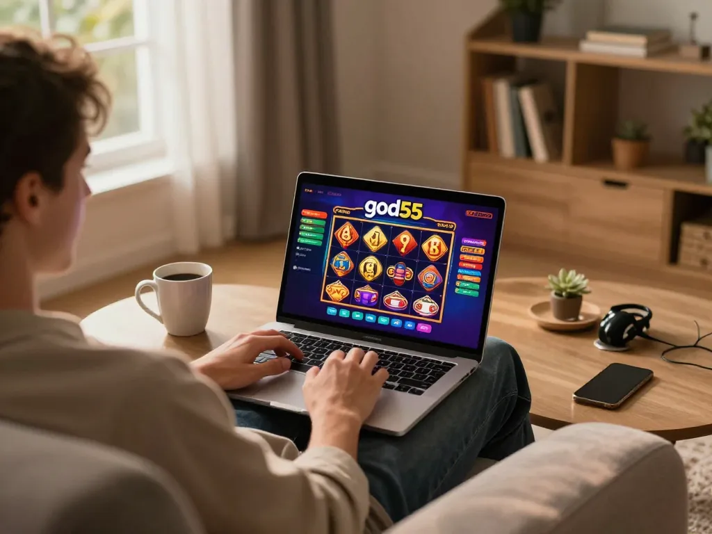 Engaging online gaming session on god55 platform with vibrant graphics displayed on a laptop.
