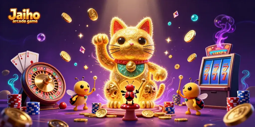 Experience the thrill of the Jaiho arcade game with a vibrant display of casino elements and characters.
