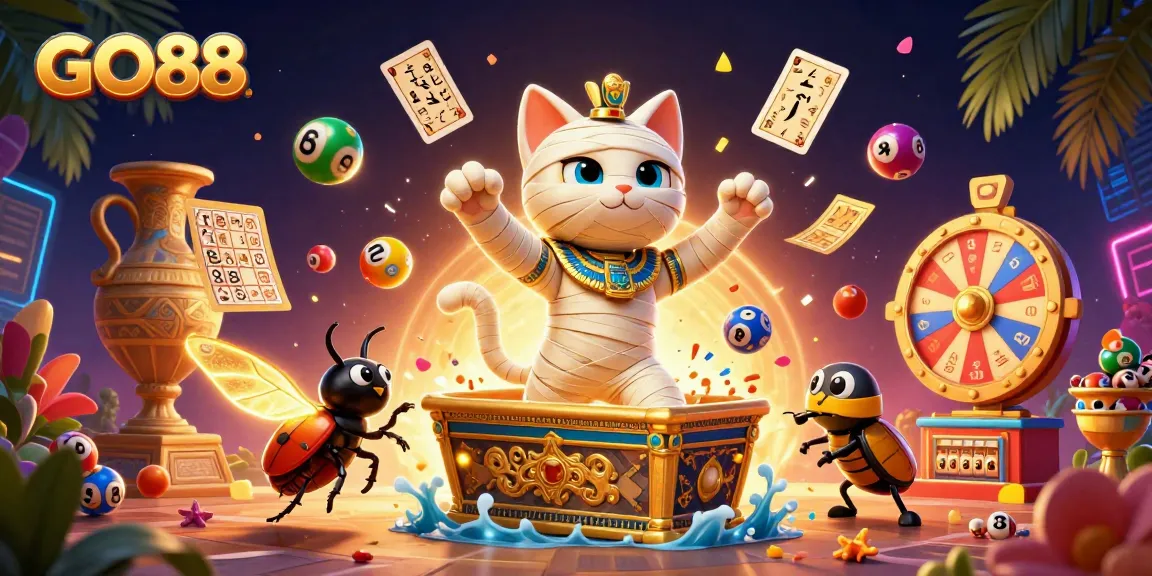 Watch GO88 come alive with an Egyptian mummy cat bursting into the casino action with colorful lottery excitement.