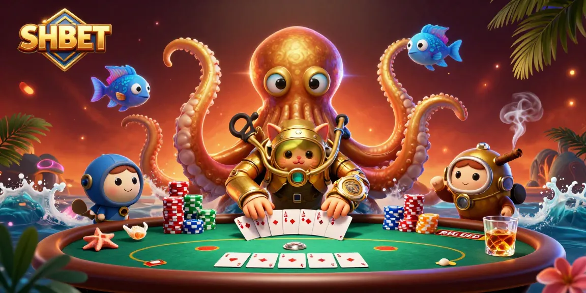 Engage with SHBET’s vibrant casino scene featuring a kraken and diving cat amidst thrilling poker action.