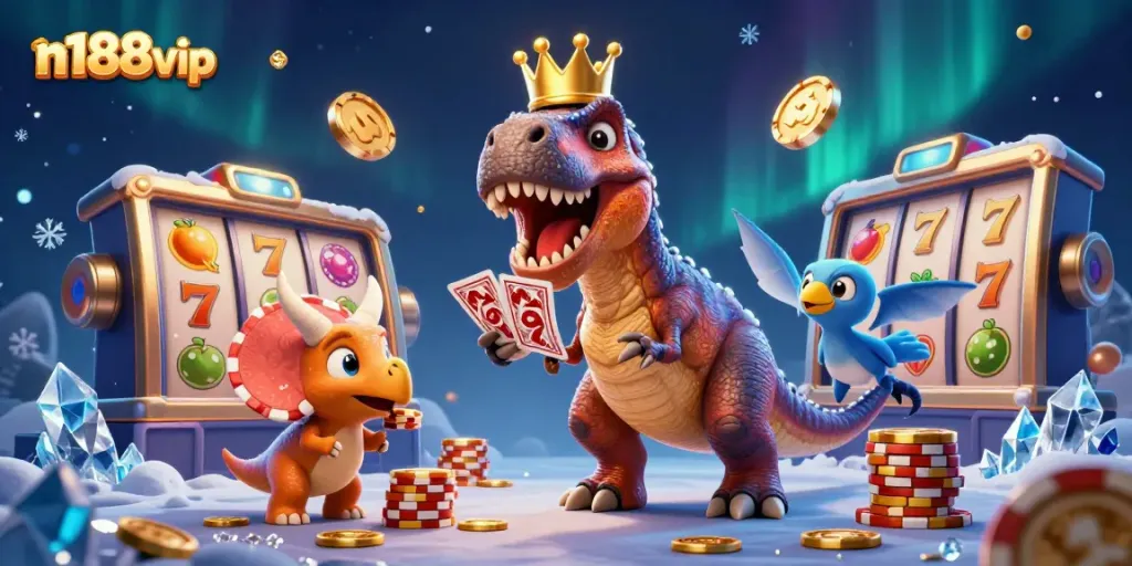 Experience the excitement at n188vip with T-Rex shuffling cards, pterodactyl assisting, and triceratops stacking chips.