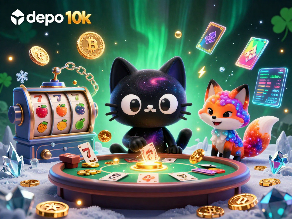 Experience the thrill of playing depo 10k slots with vibrant cosmic characters and glowing casino elements.