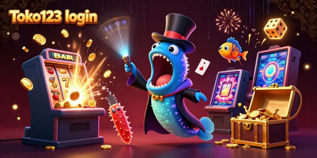 Experience Toko123 login magic with vibrant casino-themed underwater characters performing tricks.