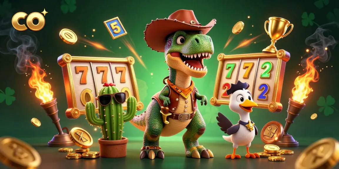 Spin the reels with co's vibrant 3D casino scene featuring a T-Rex, cactus, and roadrunner.