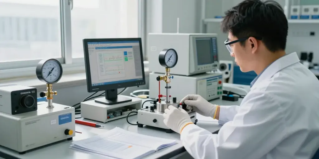 Technician calibrating a Coriolis flow meter in an industrial lab.