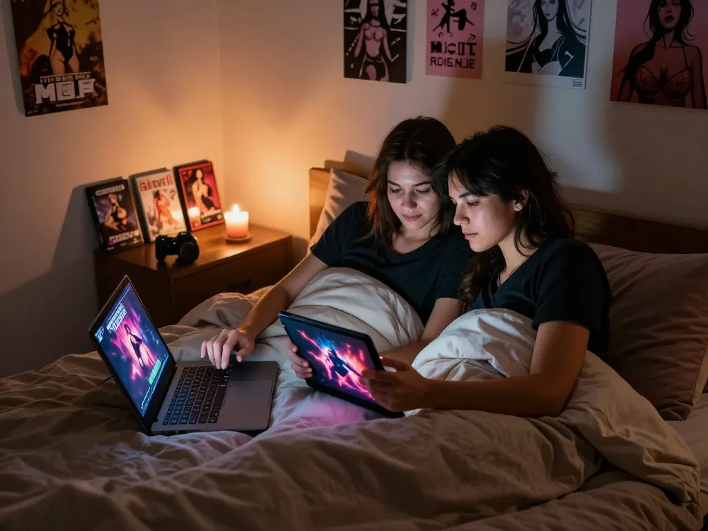 Couple engaging in a steamy sex game on different devices in a cozy bedroom.