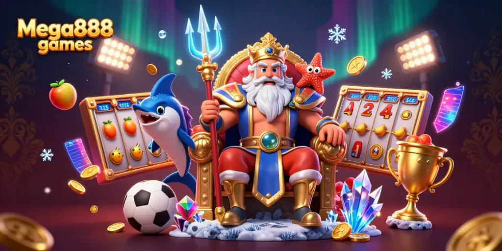 Engage with Mega888 games featuring Neptune, slots, and vibrant gaming elements in a stunning 3D scene.
