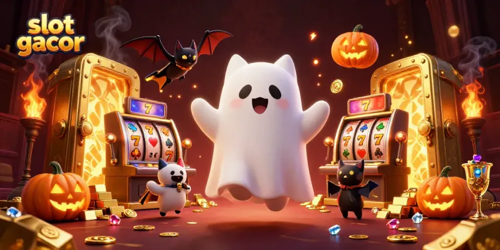 Spin the reels of slot gacor with colorful gems and a ghost cat in a vibrant casino scene.