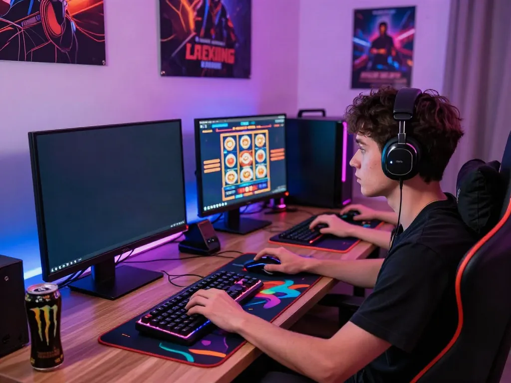 Gamer engaged in vibrant online slot gaming experience at home with akunjp.