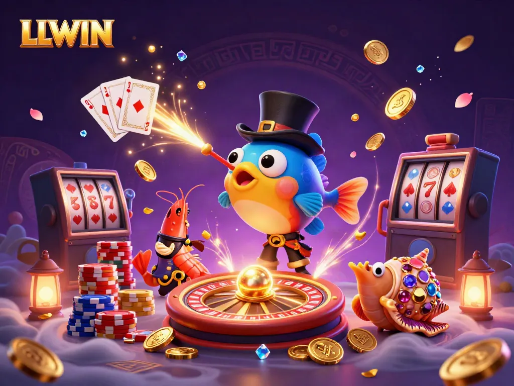 Imaginary scene showcasing LLWIN with an anglerfish, pirate shrimp, and gem snail at a lively casino environment.