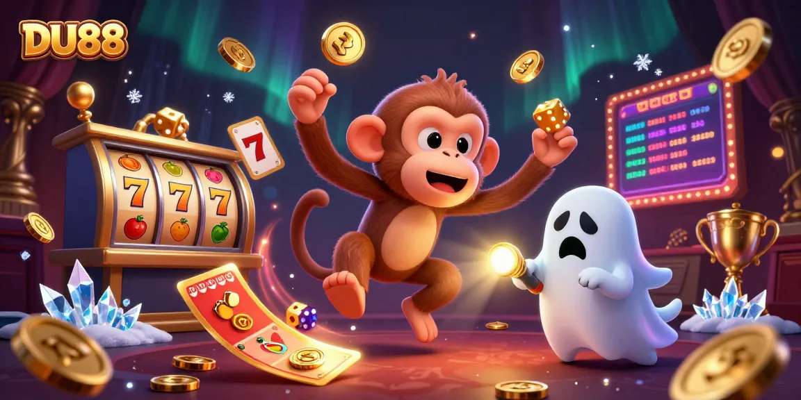 Engage in DU88 casino thrills with a playful ghost and monkey juggling golden coins.