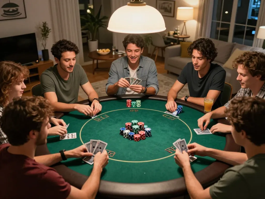 Players enjoy poker with friends at home, showcasing 23win strategy with colorful chips and cards.