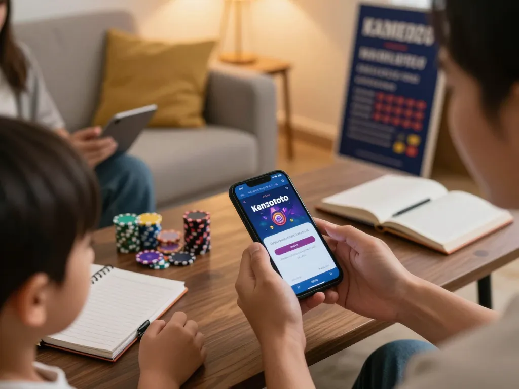 Pelanggan Kenzototo berinteraksi dengan smartphone untuk permainan togel online, menunjukkan taruhan strategis dalam suasana yang nyaman.