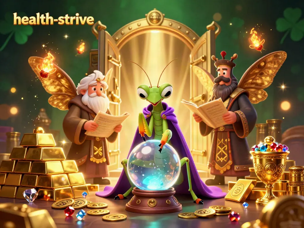 Permainan jackpot di health-strive dengan karakter mantis peramal dan kupu-kupu pemandu, dikelilingi harta karun berkilau.