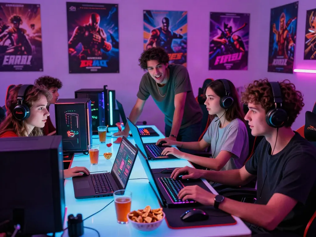 Akujnp gaming gathering with friends enjoying strategy discussions and vibrant gaming gear.