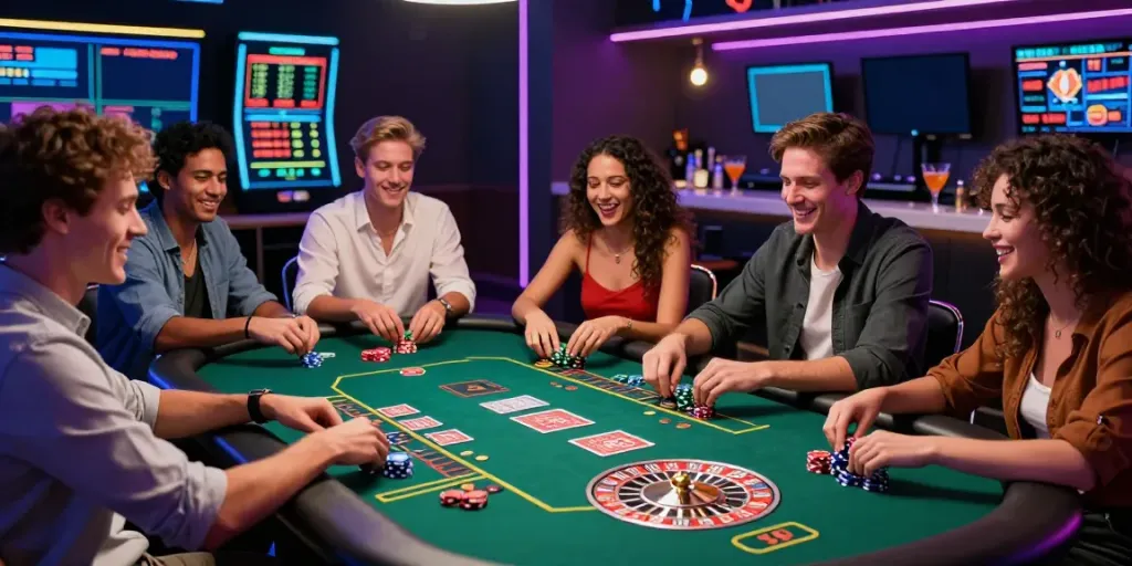 CasinoBonusMag.com friends enjoying lively online casino games with neon lights and excited atmosphere.