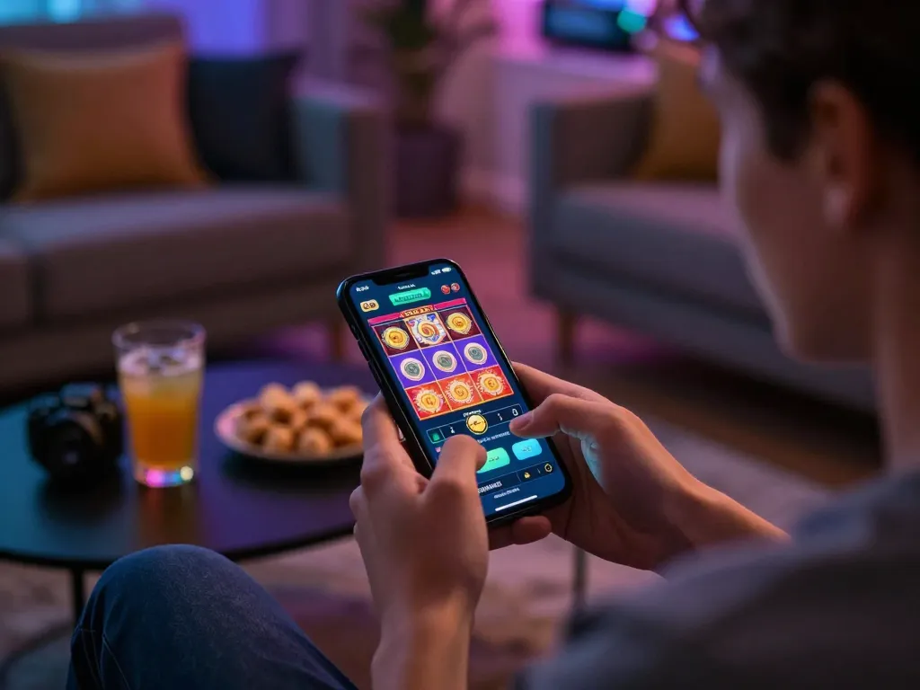 SIN88 player enjoying a mobile casino app while relaxing at home, showcasing engaging slot game action.
