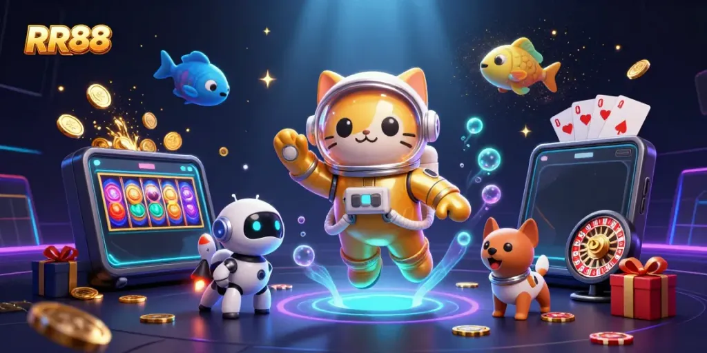 RR88 offers vibrant slot game excitement with golden coins and lively characters in an engaging 3D illustration.