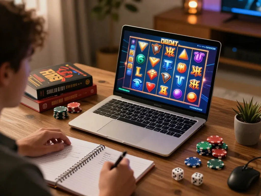 Pengalaman Slot Demo yang Menarik di laptop dengan visual permainan berwarna-warni dan catatan strategi.
