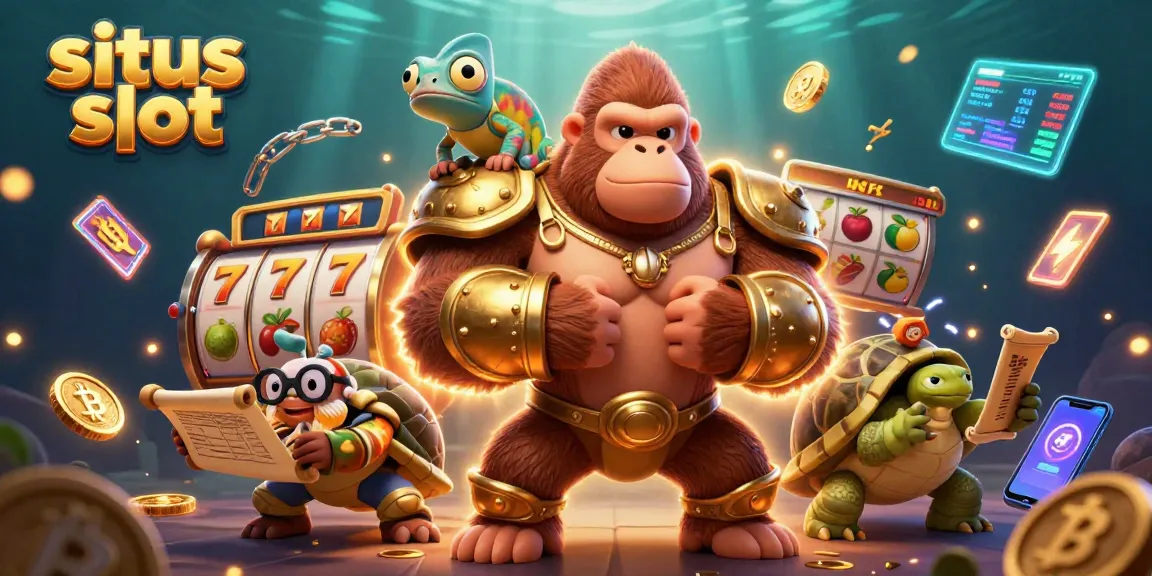 Memenangkan permainan situs slot dengan karakter raja gorila dan simbol keberuntungan yang cerah.