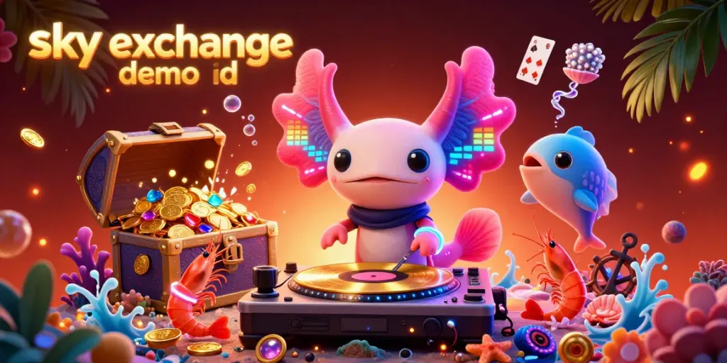 Engage with the vibrant underwater world showcasing sky exchange demo id through a lively axolotl DJ spinning records while shrimp dance around treasure!