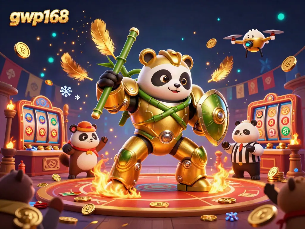 GWP168 menghadirkan suasana kasino yang dinamis dengan karakter panda yang mengendalikan robot dalam pertempuran seru.