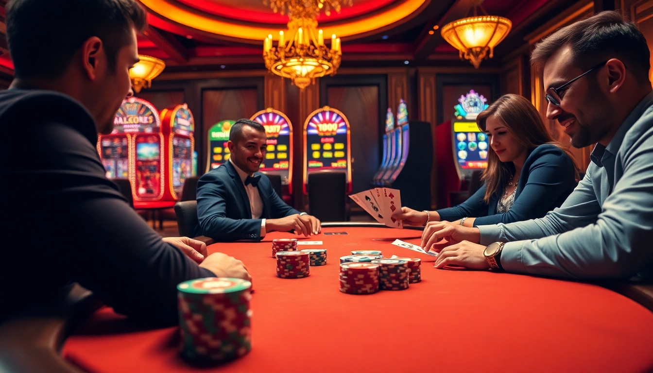 Players enjoying a game at luxury138's sophisticated online casino, with poker chips and cards.