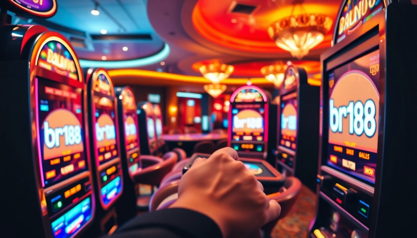 Experience the thrill of bro138 as players engage with premium slot machines in a luxurious casino.