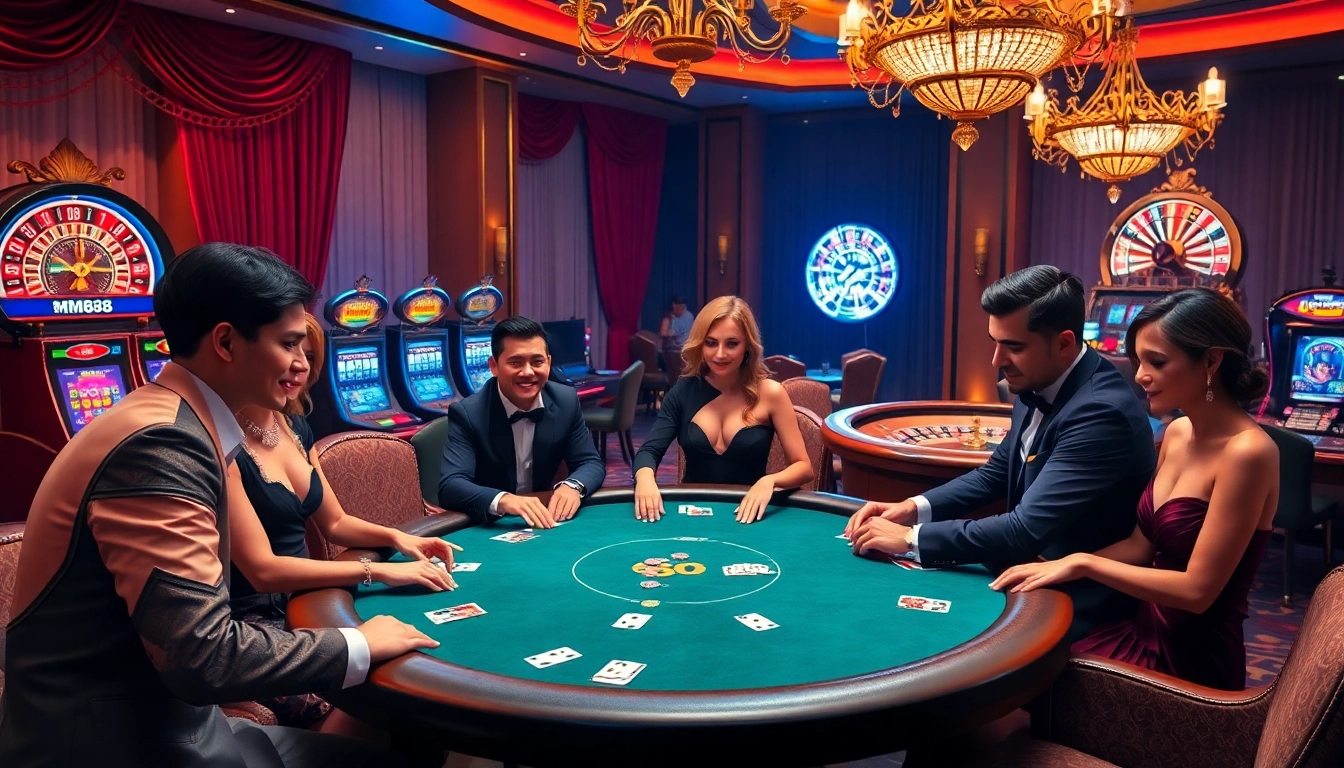Players enjoying a thrilling poker game at MM88 casino with luxurious ambiance and vibrant atmosphere.