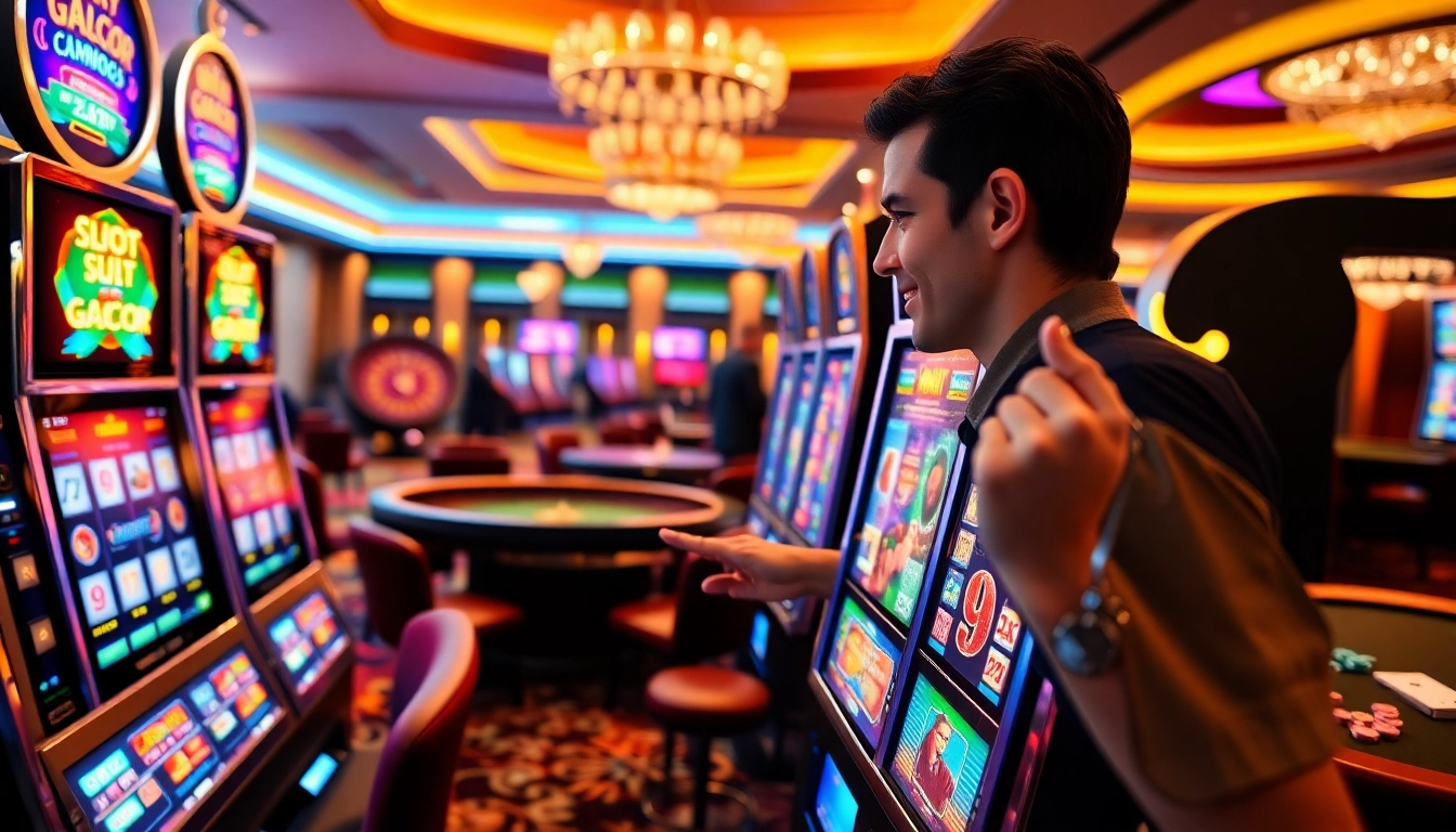 Player engaged with a slot online gacor machine in a vibrant casino environment.