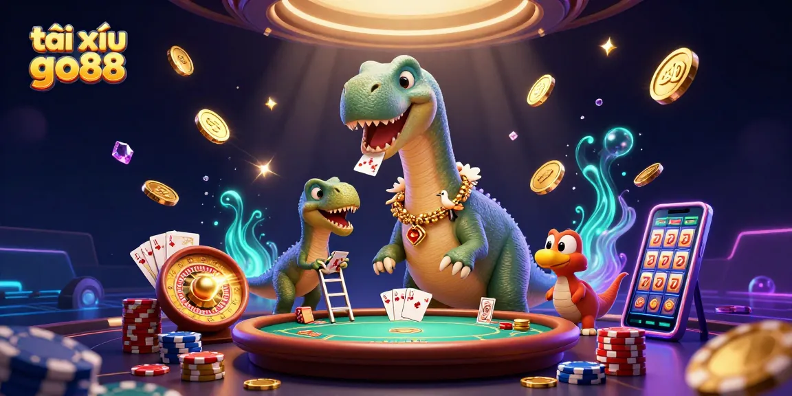 Experience the thrill of tài xỉu go88 as a brontosaurus oversees a busy casino scene with dazzling elements.