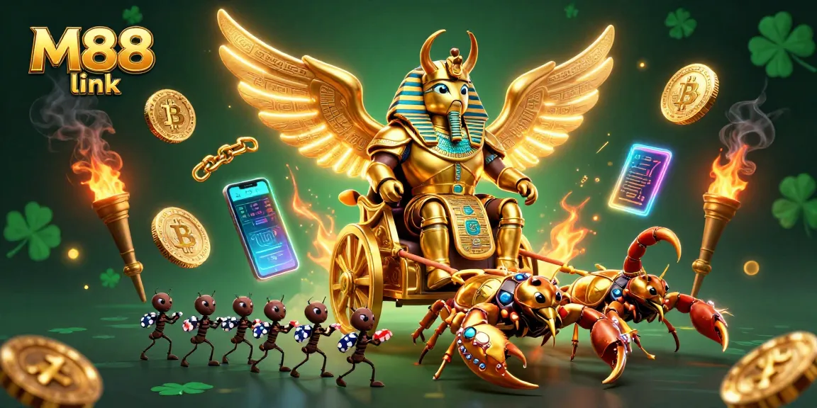 Engage with the M88 link showcasing vibrant casino elements and bold characters in a dynamic gambling scene.